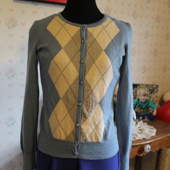 TALBOTS Powder Blue Argyle Italian Merino Wool Cardigan, PS, XS - Picture 1 of 8